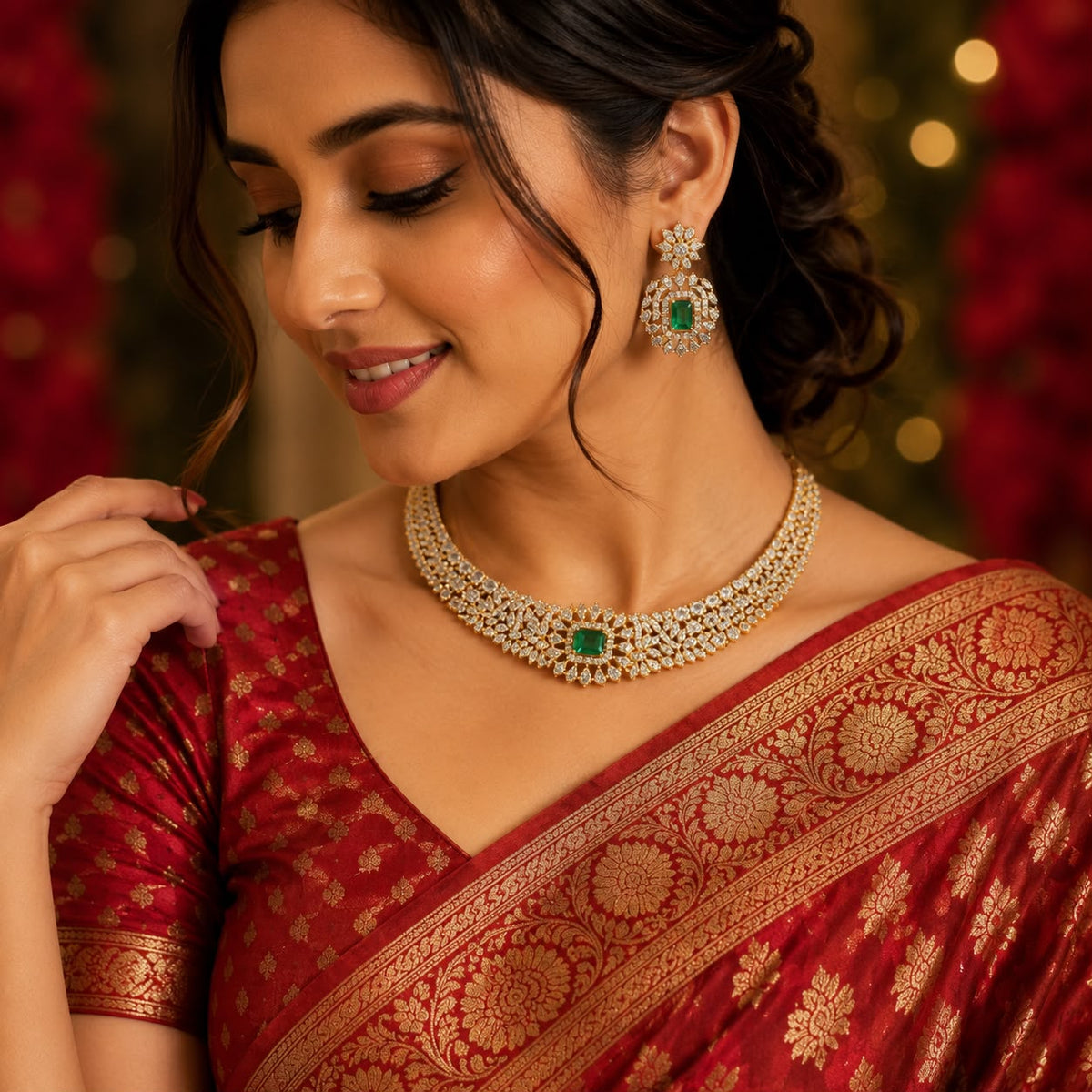 Women wearing Colour changeable American Diamond necklace set with interchangeable stones and matching earrings on red banarsi saree.