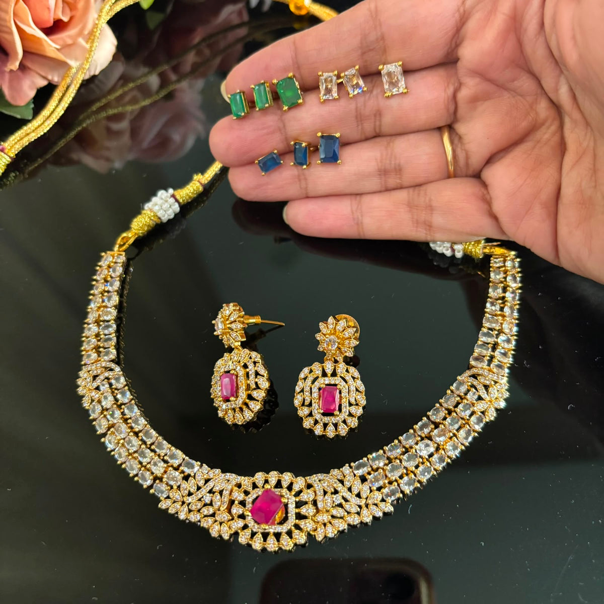 Colour changeable American Diamond necklace set with interchangeable stones and matching earrings
