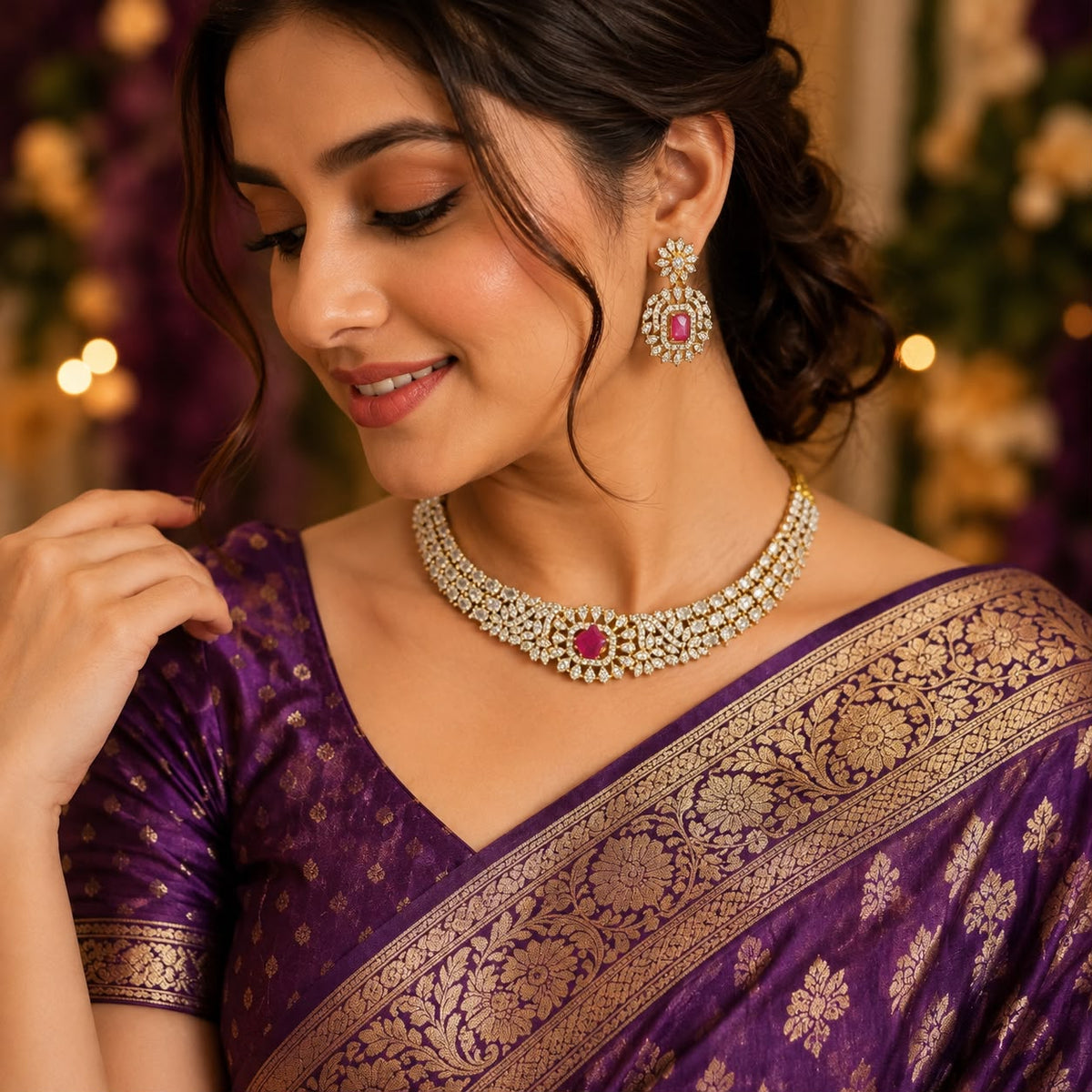 Women wearing Colour changeable American Diamond necklace set with interchangeable stones and matching earrings on purple banarsi saree.