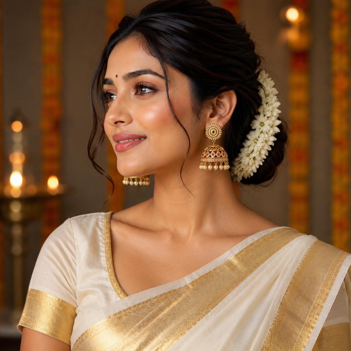 women wearing american diamond jhumka earrings