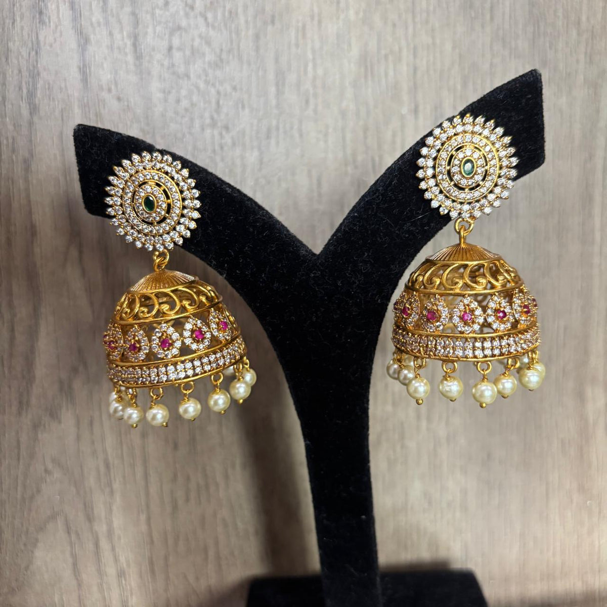 American diamond jhumka earring with pearl drops