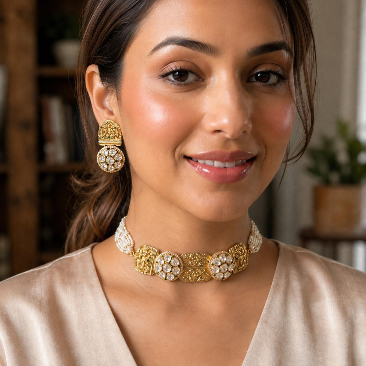 Woman wearing Aaradhya gold polki moissanite pearl choker necklace set with matching earrings