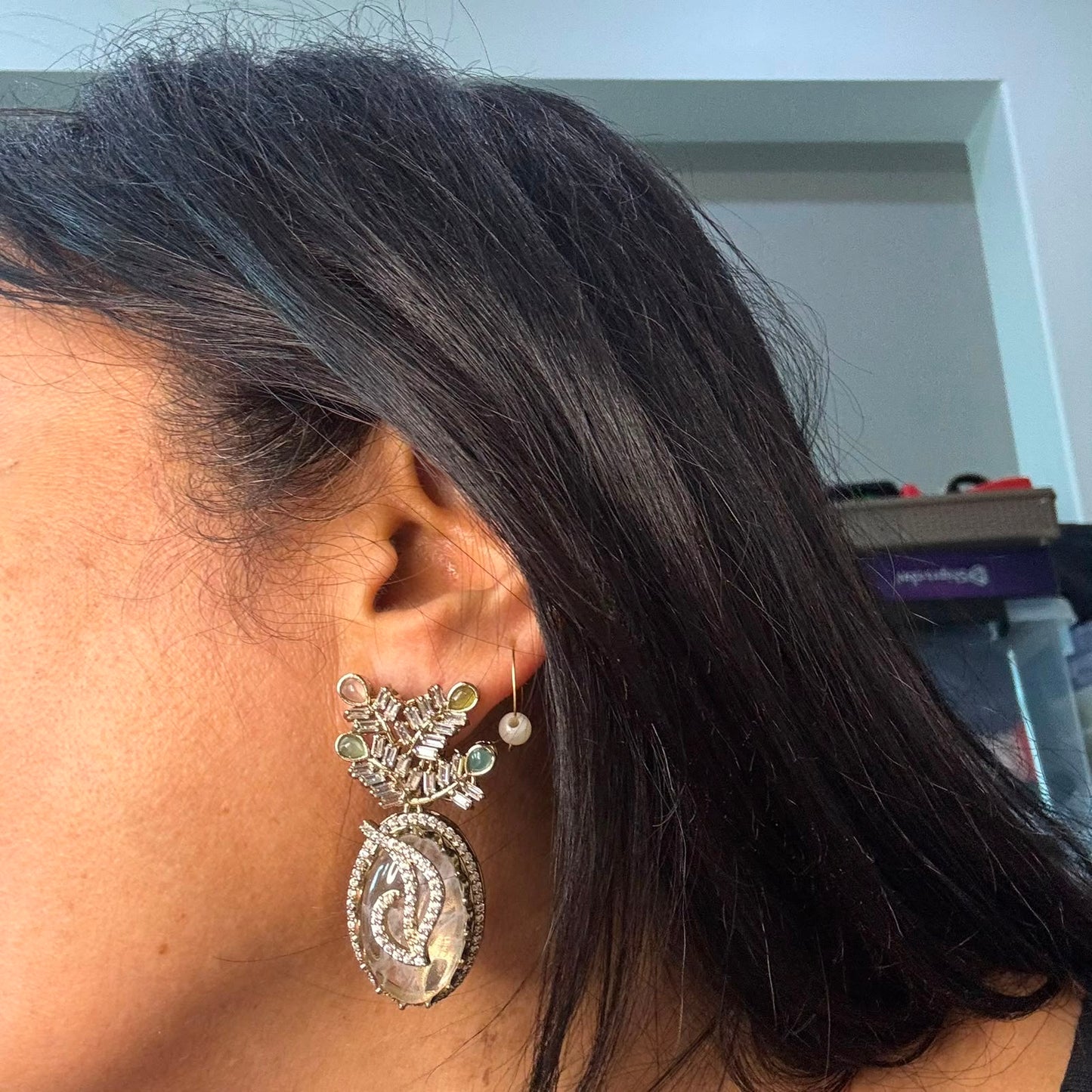Aura Quartz Cubic Zirconia statement drop earrings with pastel stones by Bebaak Jewels