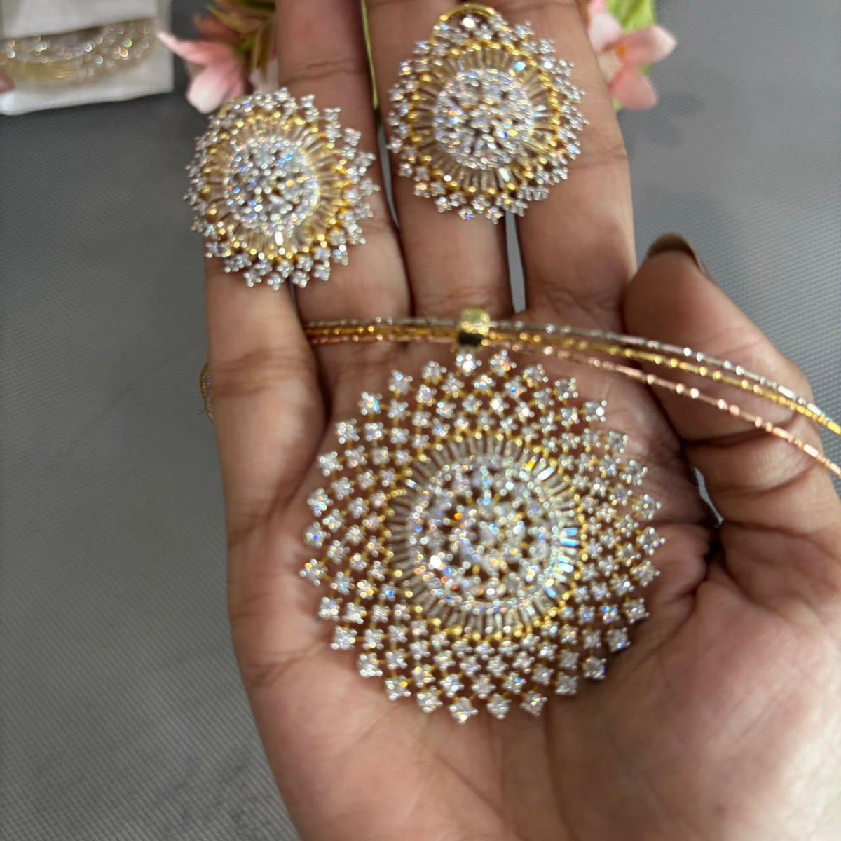 Close view of Emarti American CZ Diamond statement pendant necklace set with matching stud earrings and chain
