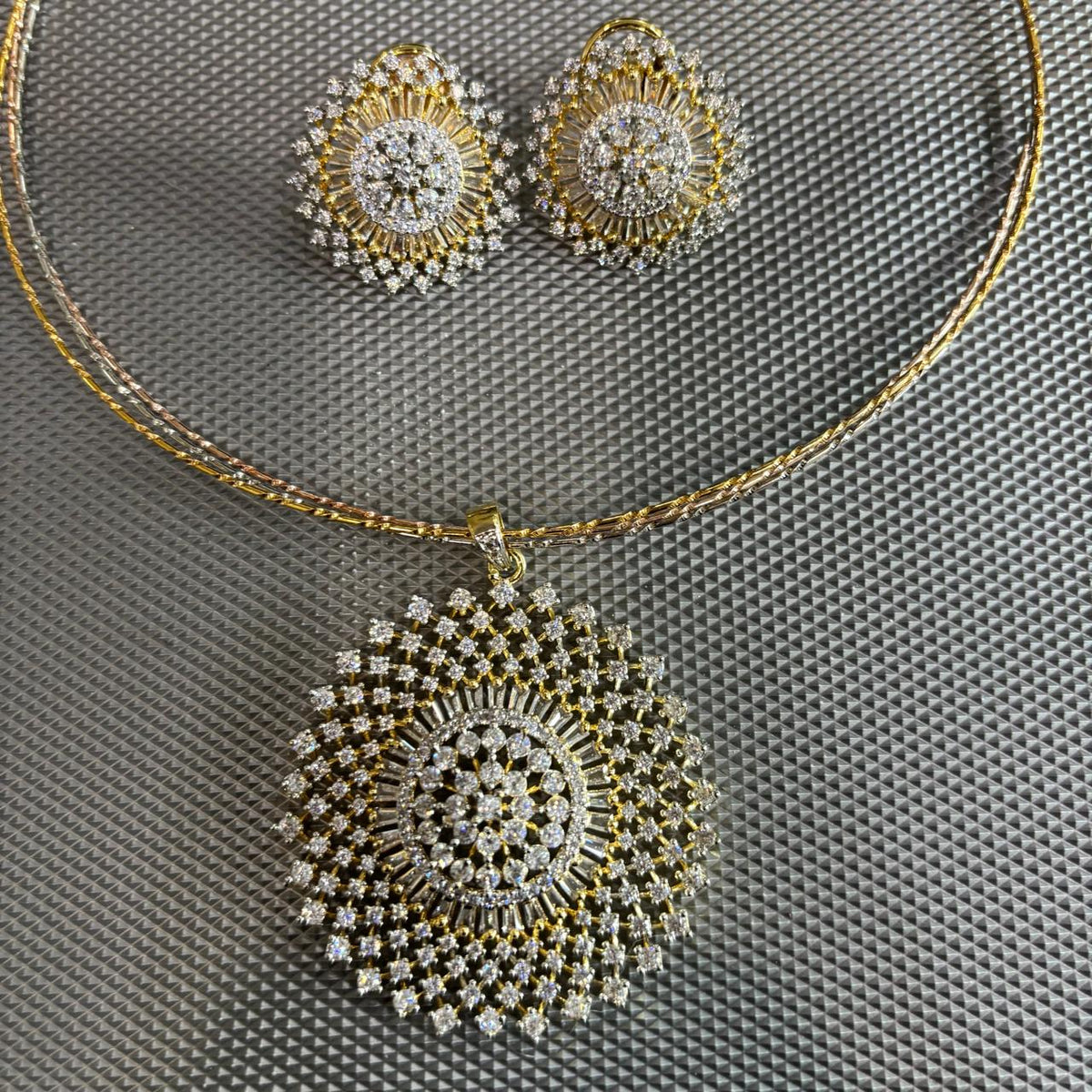 Emarti American CZ Diamond statement pendant necklace set with matching stud earrings and chain