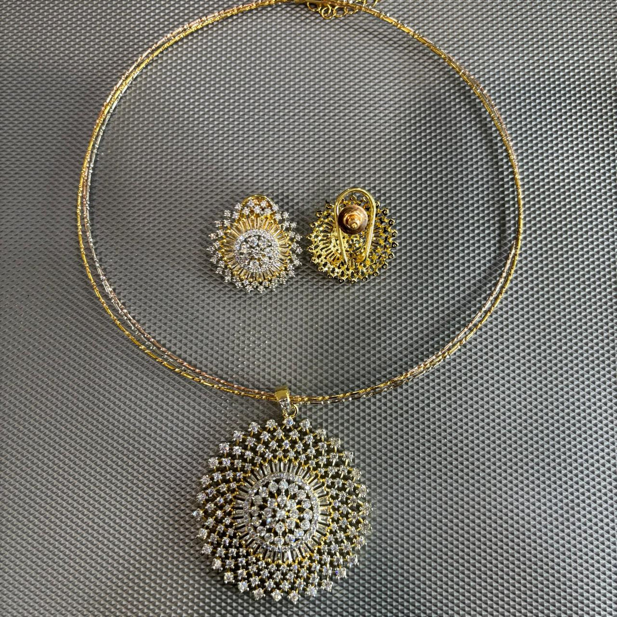 Back view of Emarti American CZ Diamond statement pendant necklace set with matching stud earrings and chain