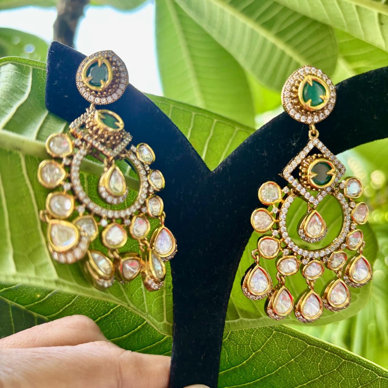 Luxury Emerald Green Kundan Chandbali Earrings with American Diamonds by Bebaak Jewels