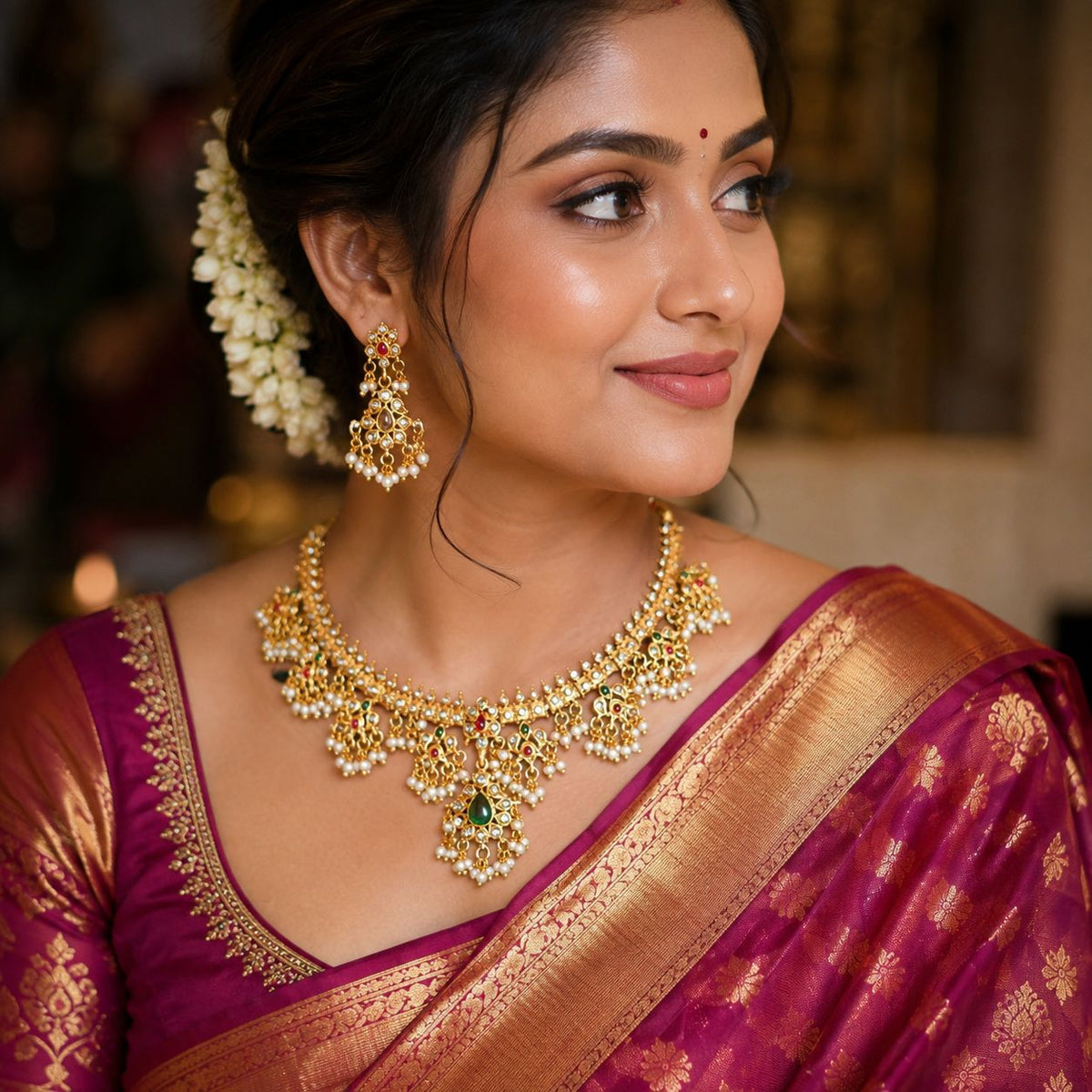 Women wearing traditional Gold-tone diamond style necklace set with green centre stone, ruby accents and pearls cluster