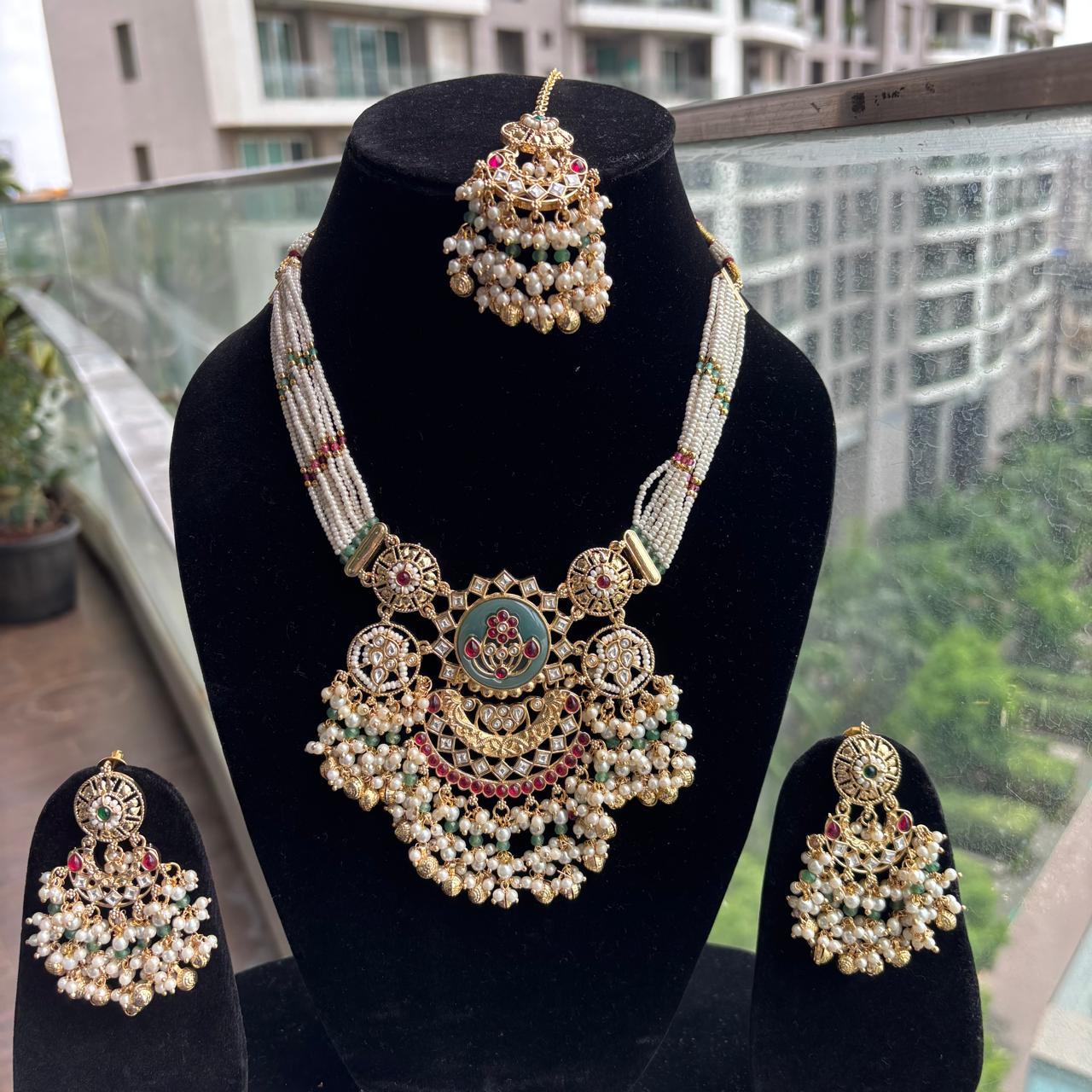 Heritage Kundan pearl bridal necklace set with matching earrings and maang tikka