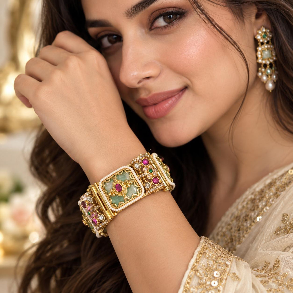 women wearing mint green rajwada kada with ruby and kundan in gold plating