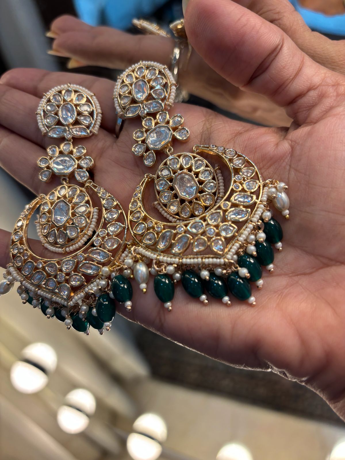 premium kundan chandbali earrings with green beads by Bebaak Jewels