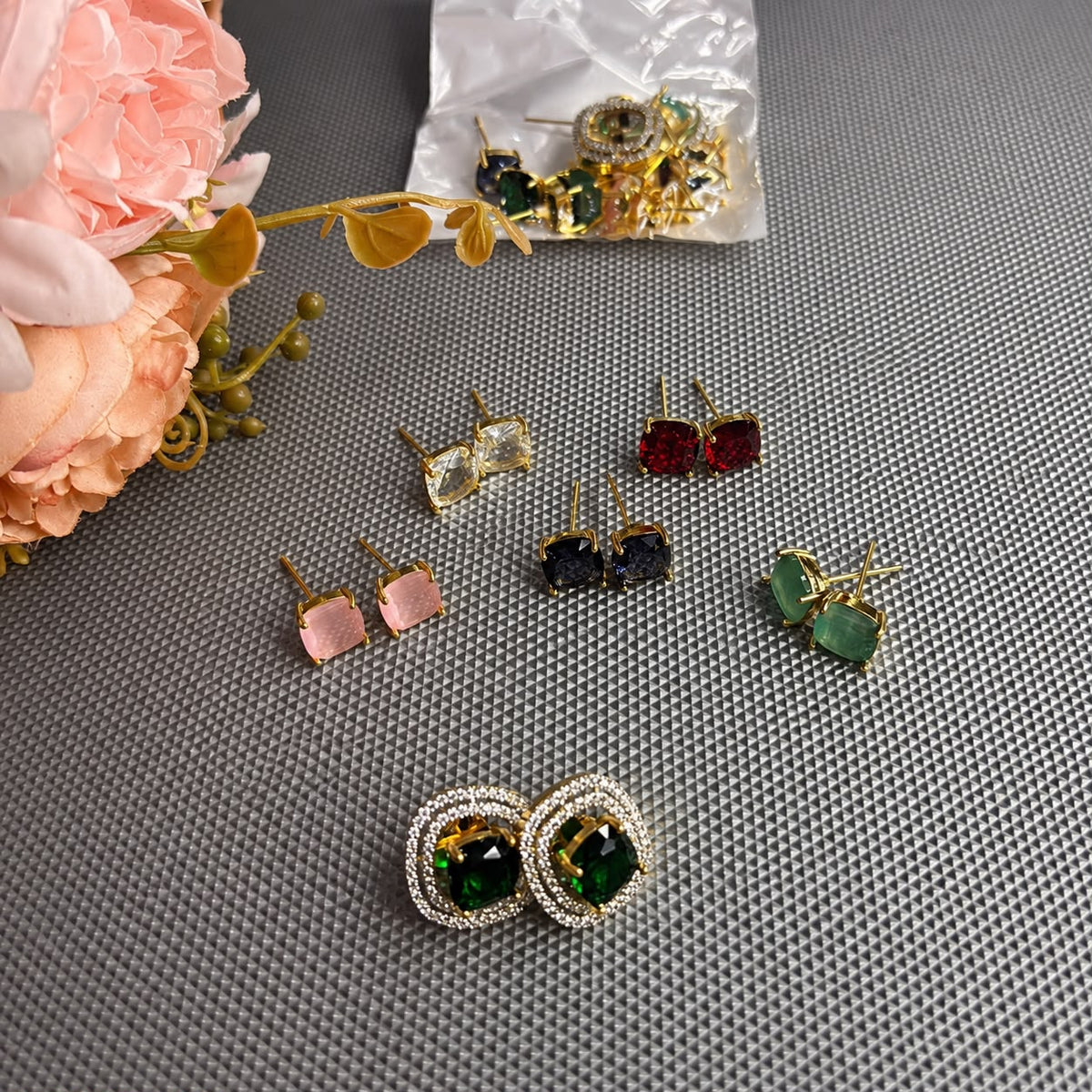 Multicolour interchangeable stud earrings with green ,blue , mint green, pink, red nd clear stones