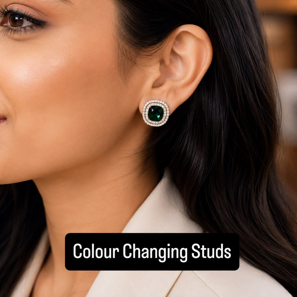 women wearing green interchangeable crystal stud