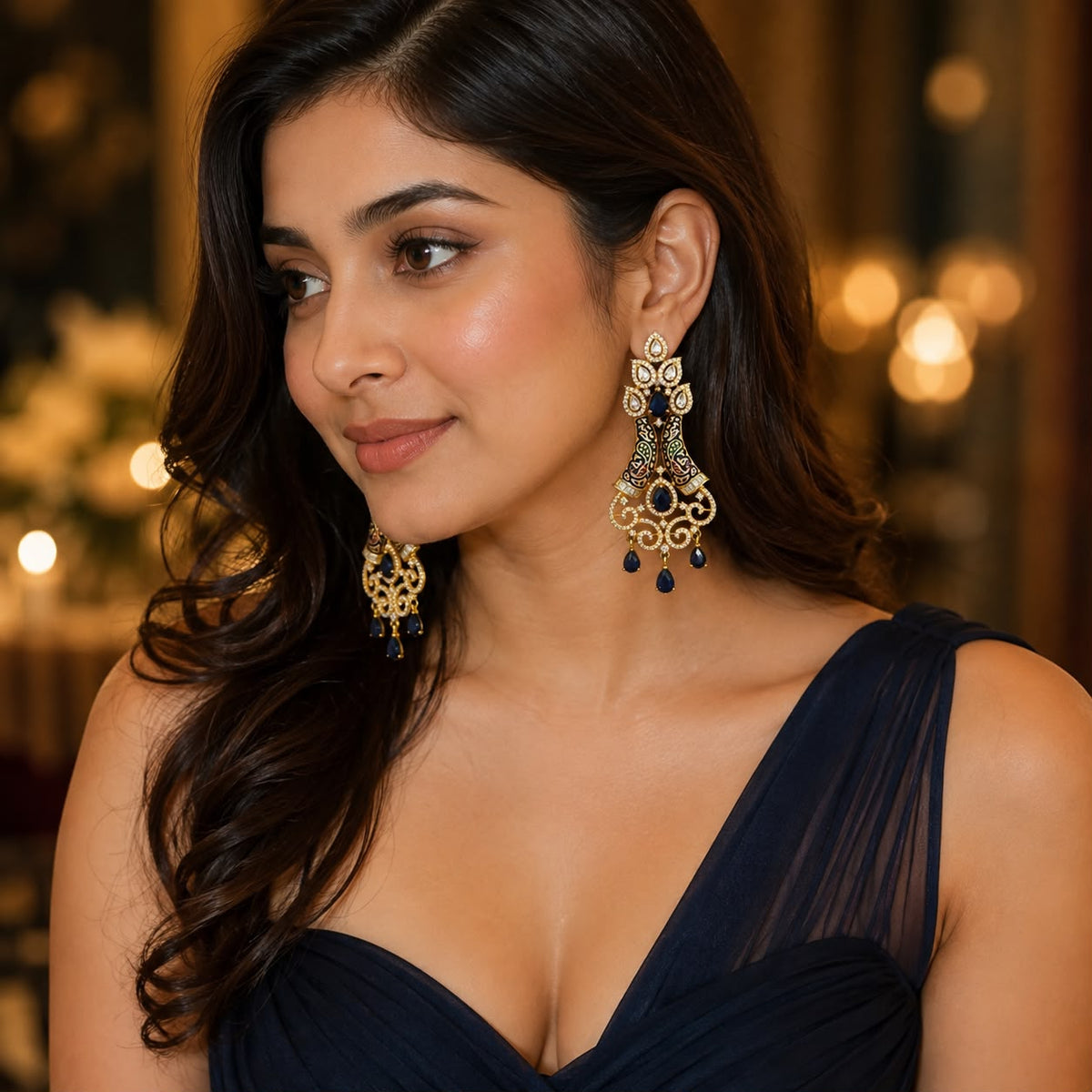 Women wearing pair of AD chandelier cocktail earrings