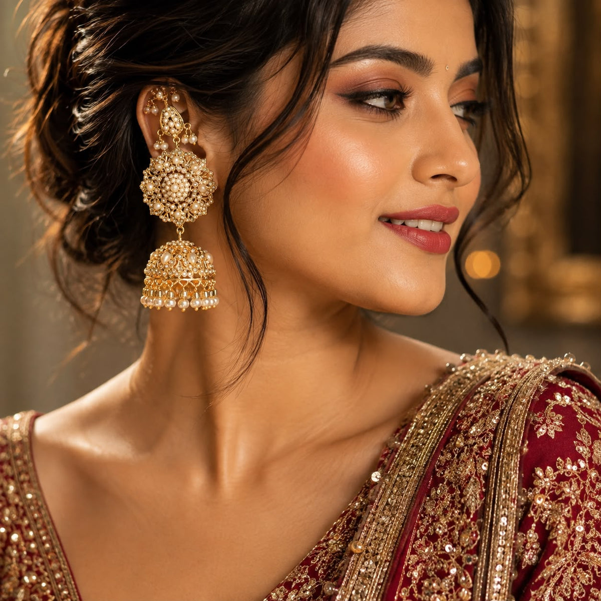 Woman wearing bold Jadau Kannauti pearl jhumka earrings with traditional Indian jewellery styling