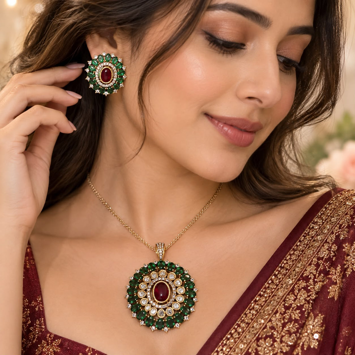 Women wearing Gold tone pendant set with polki kundan , ruby red and emerald green stones