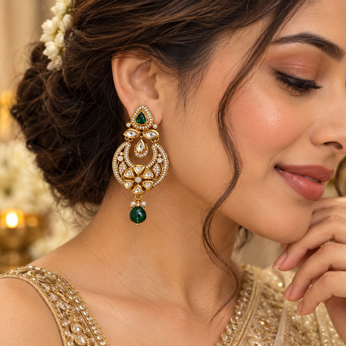 Women wearing Polki moissanite chandbali earrings with AD stones and emerald drops