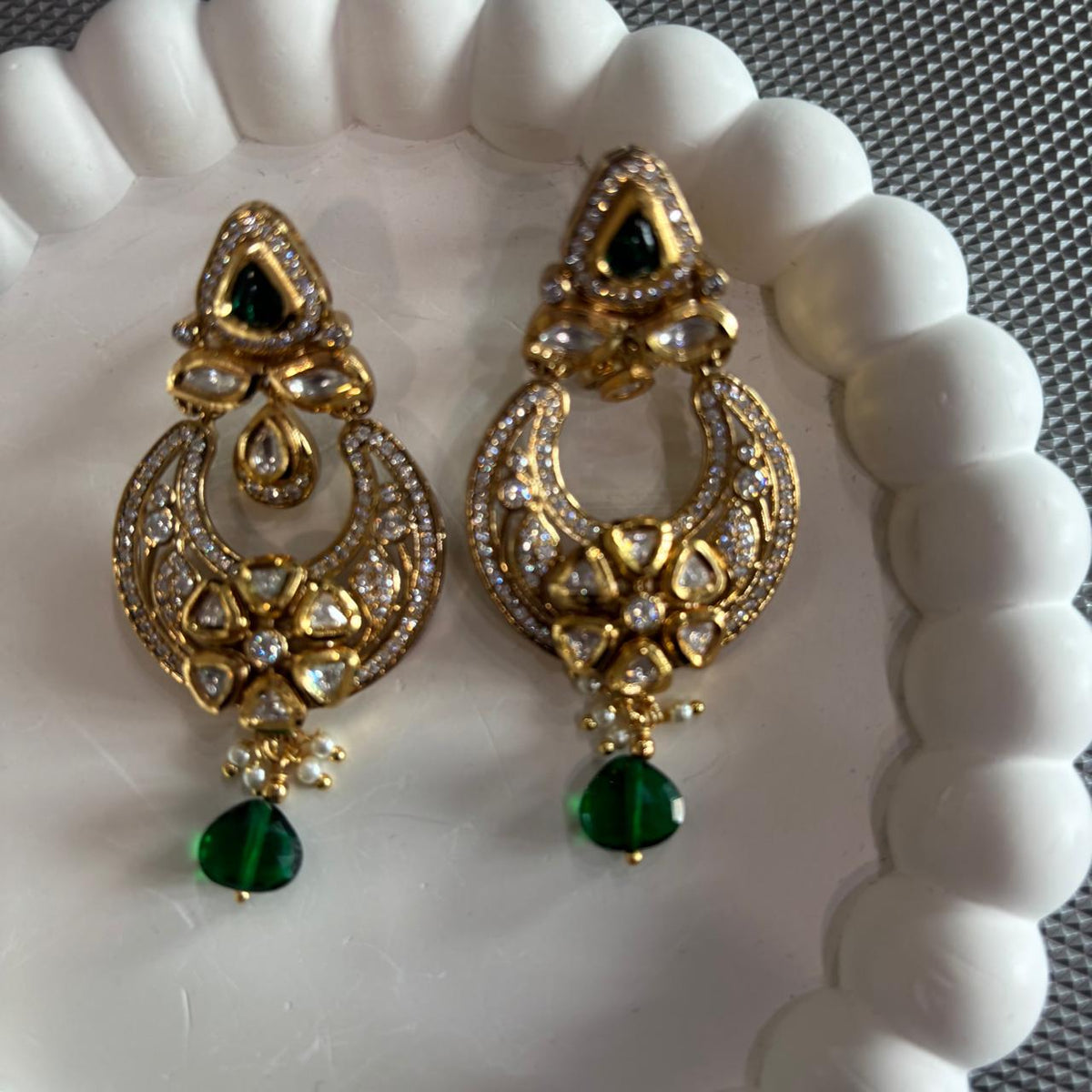 Polki moissanite chandbali earrings with AD stones and emerald drops