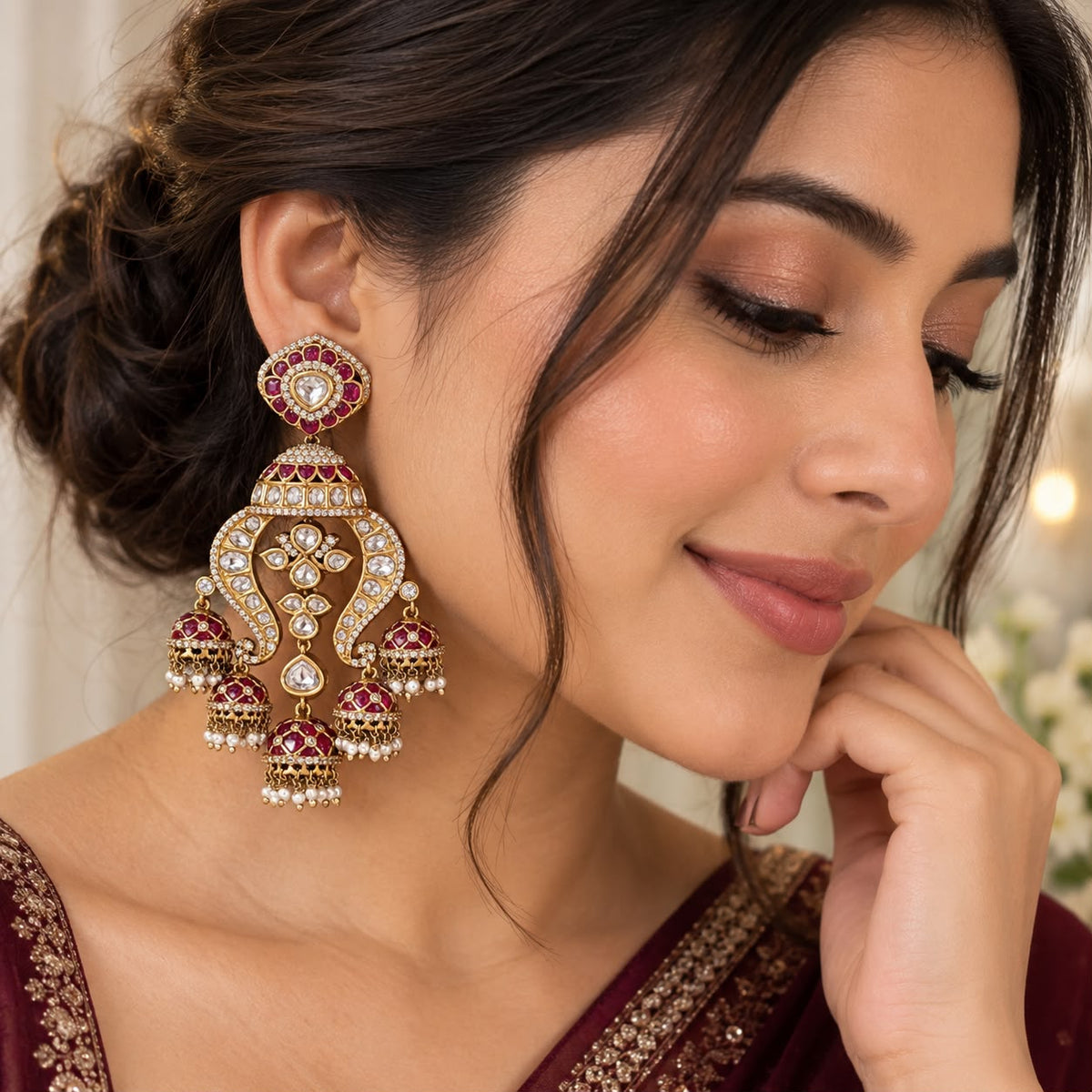 Women wearring ruby kundan multi jhumka earrings with epoxy work