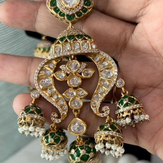 Emerald kundan multi jhumka earrings with epoxy work
