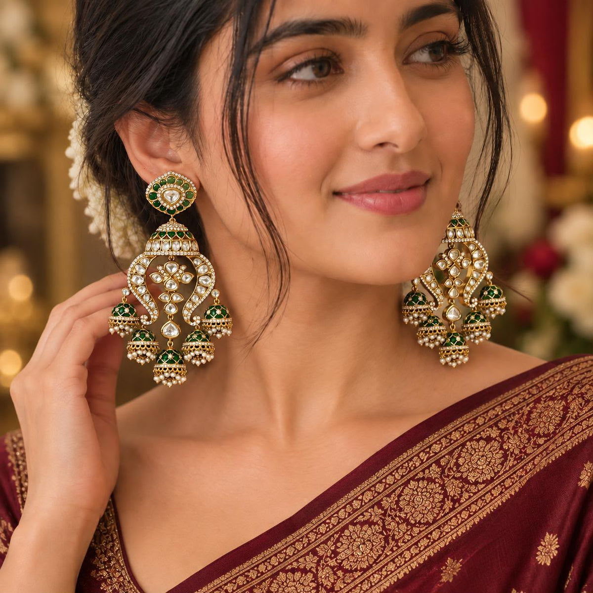 Women wearing Emerald kundan multi jhumka earrings with epoxy work