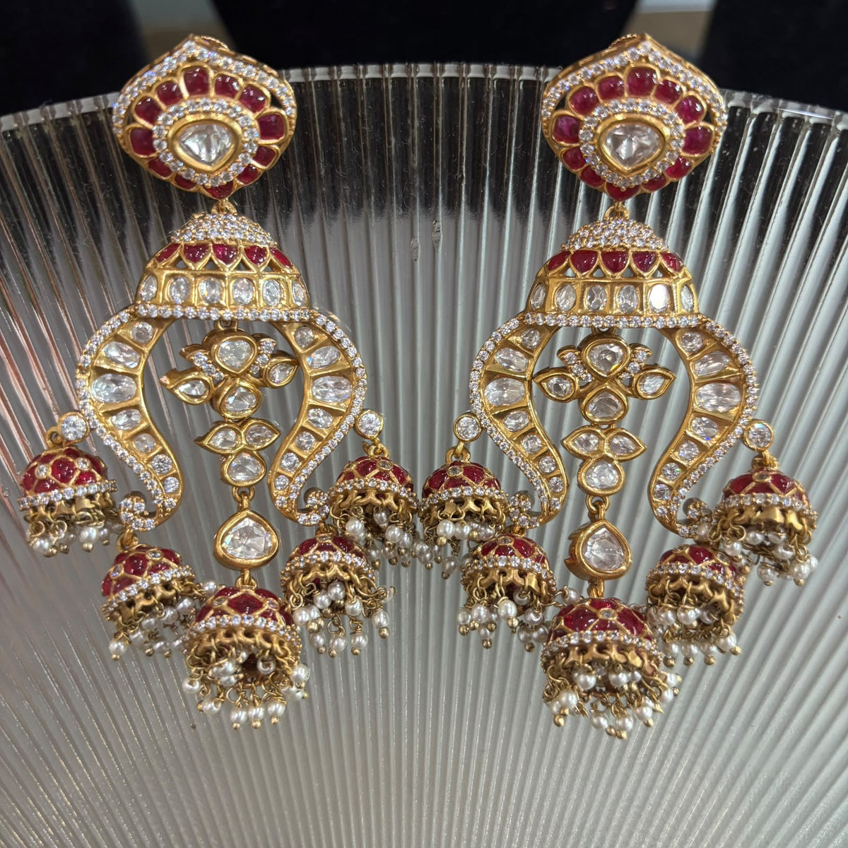 Rani ruby kundan multi jhumka chandbali earrings in gold plated