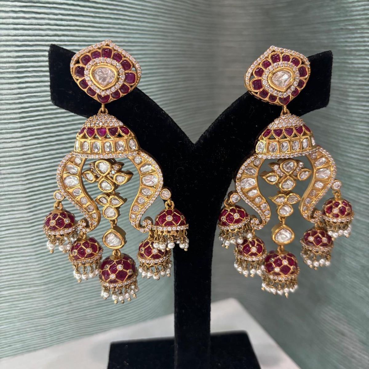 Rani ruby kundan multi jhumka chandbali earrings in gold plated with epoxy work