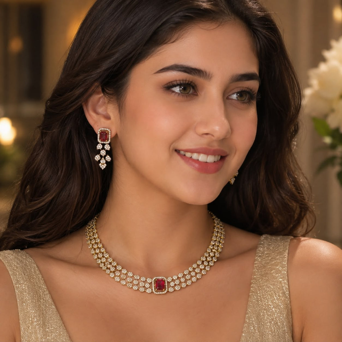 women wearing delicate american diamond necklace set with color changeable stones