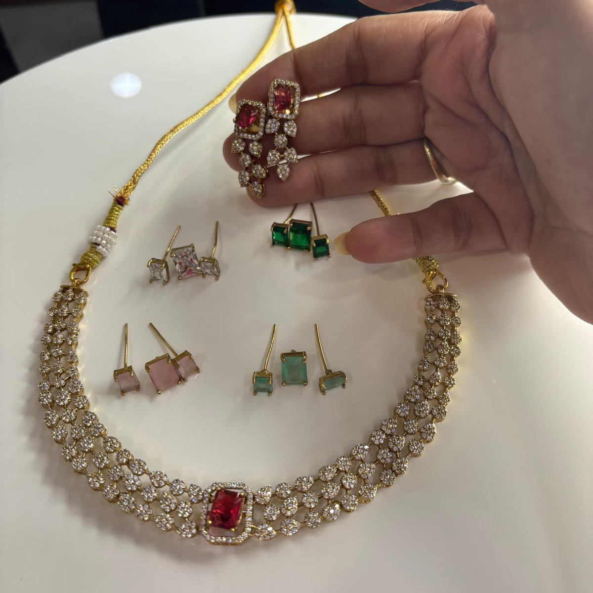 Delicate american diamond necklace set with inter-changeable stones