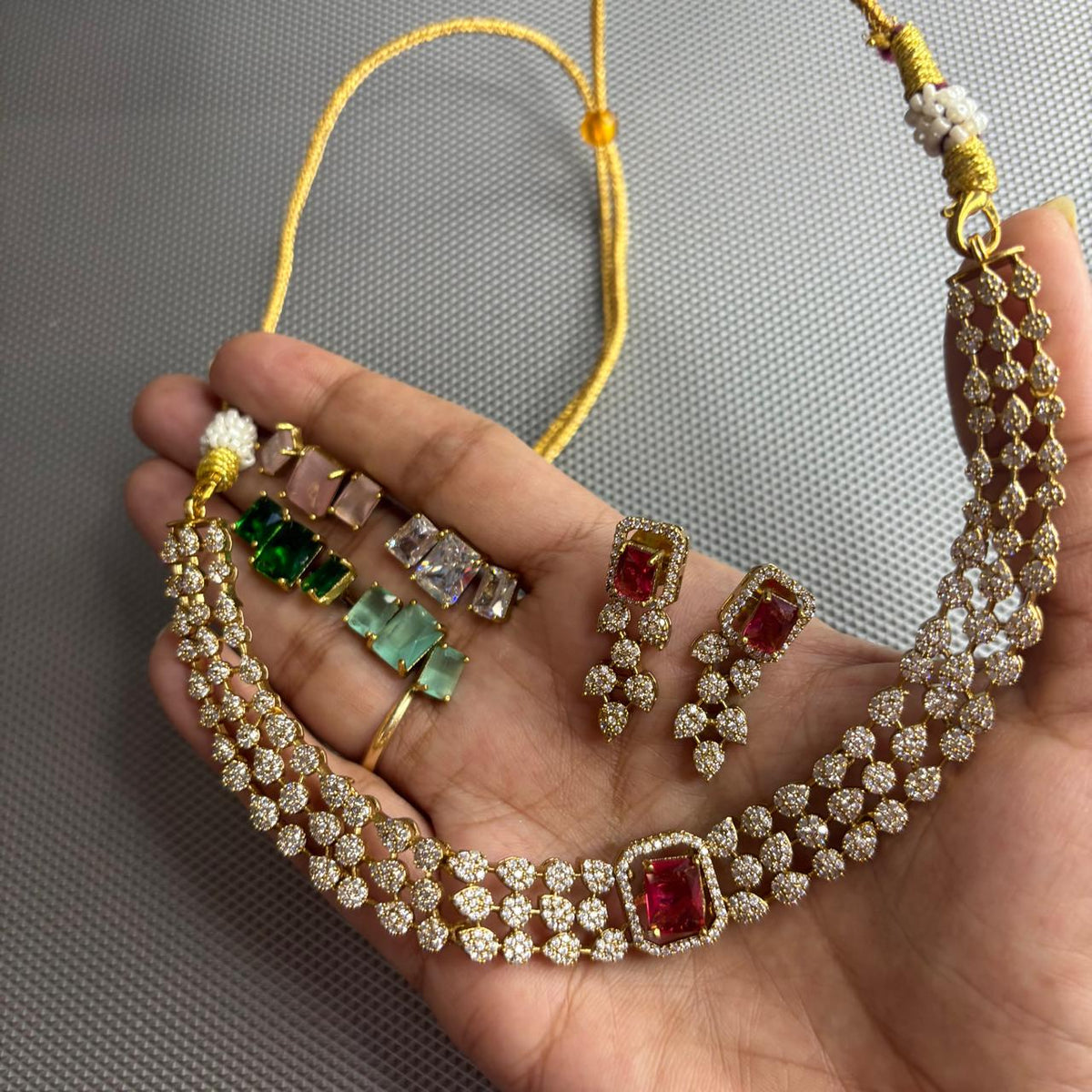 Delicate american diamond necklace set with color changeable stones