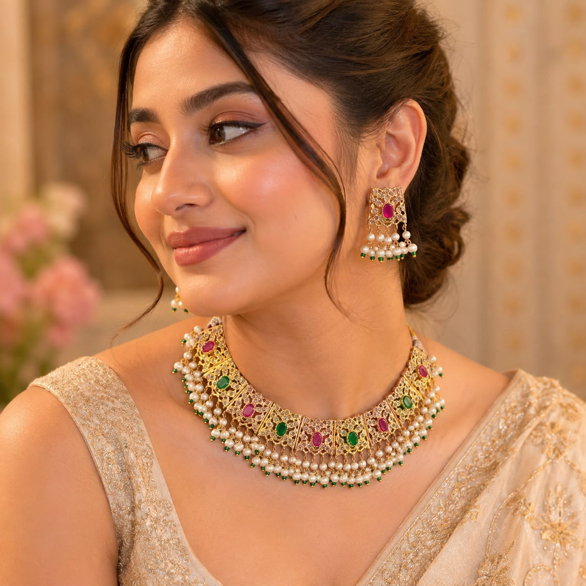 women wearing gold plated jadau necklace set with emerald & ruby and stud earrings