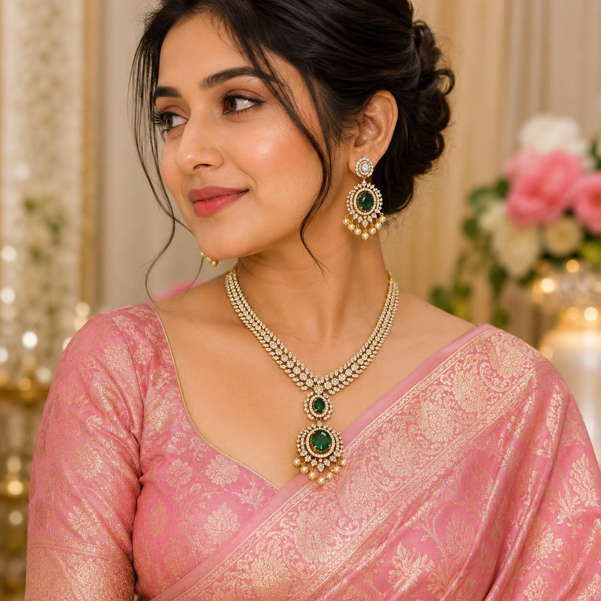 Women wearing American Diamond necklace set with emerald green stones and matching earrings and this set has interchangeable colored stones