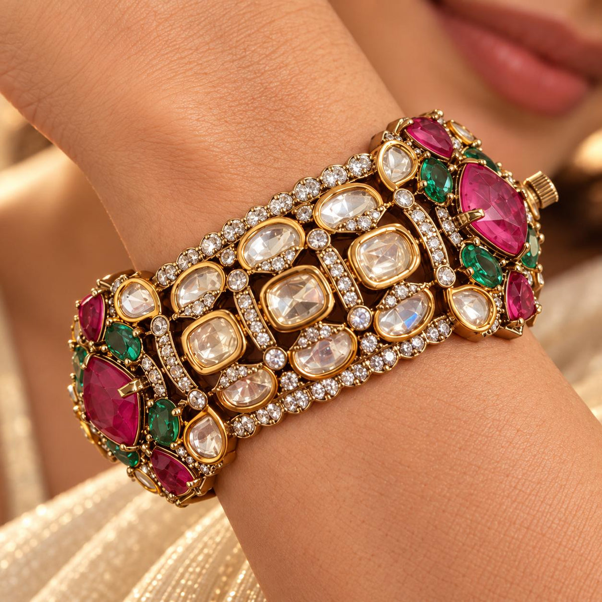 close up of polki style openable kada on hand
