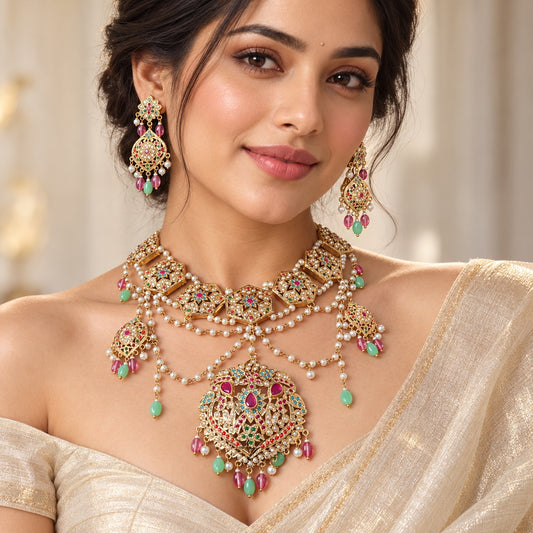 Model wearing Anarkali multicolour Jadau necklace set with pearls and matching earrings with an ivory tissue saree