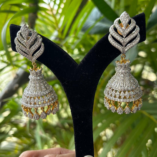 american diamond jhumka earrings in gold plating