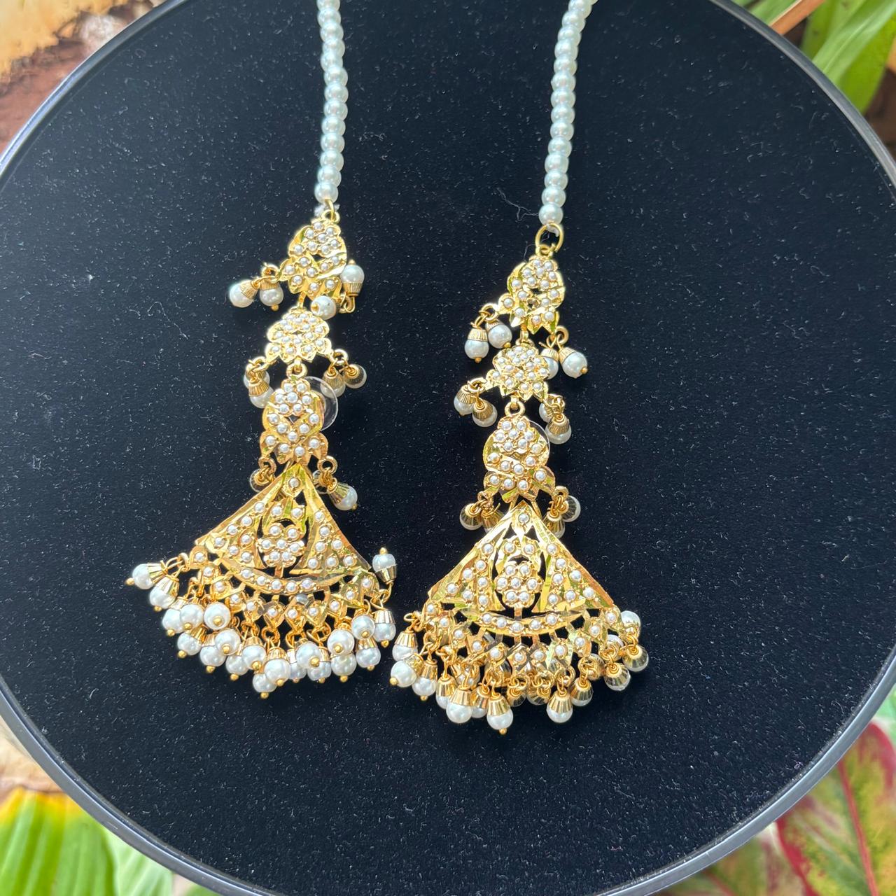 Pearls Jadau gold plated Earrings with Kannauti kanchain ear climber