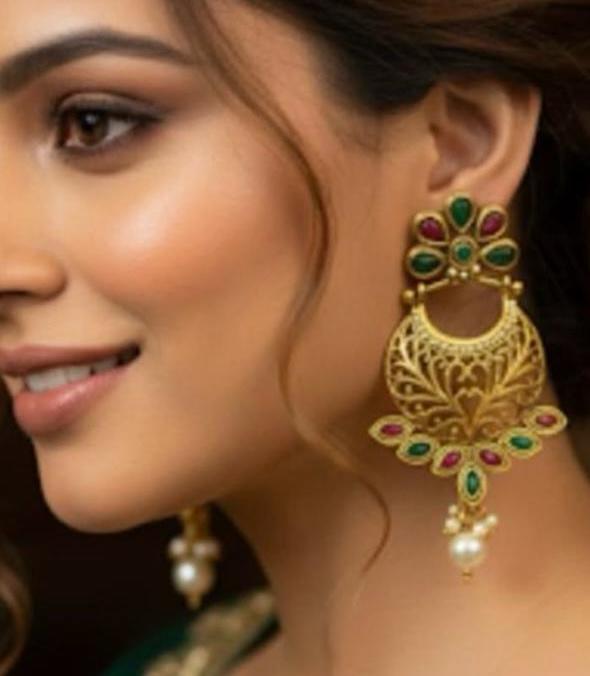 Gold meenakari earrings with pearl drop