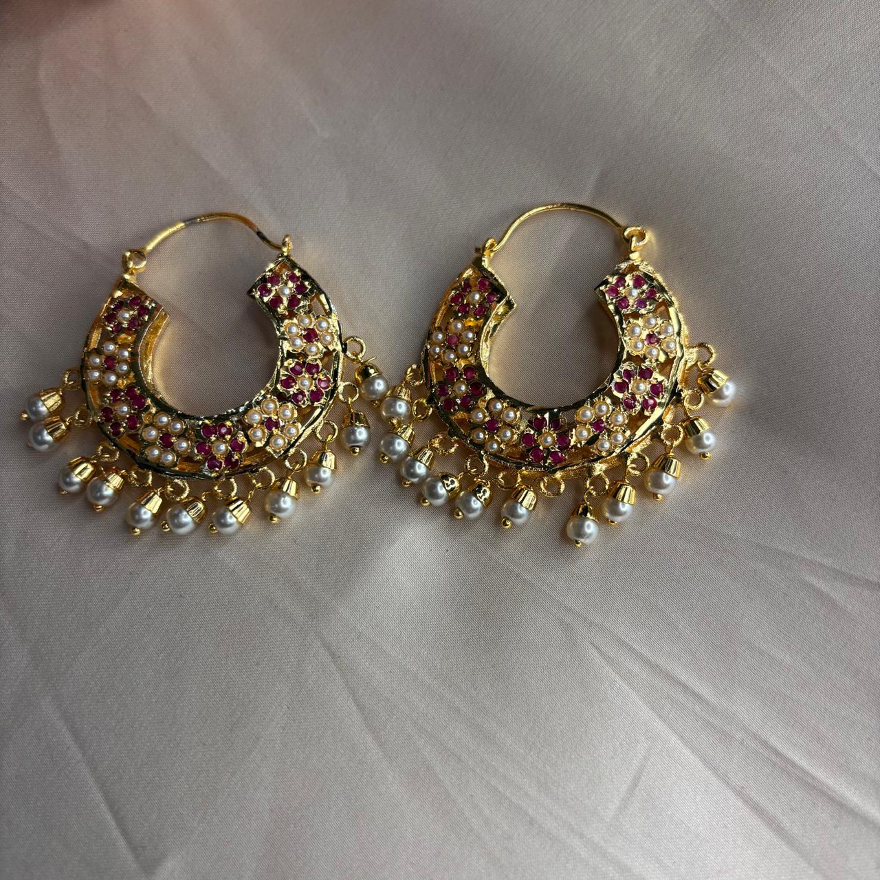 Jadau two sided ruby hoops balis in gold plating