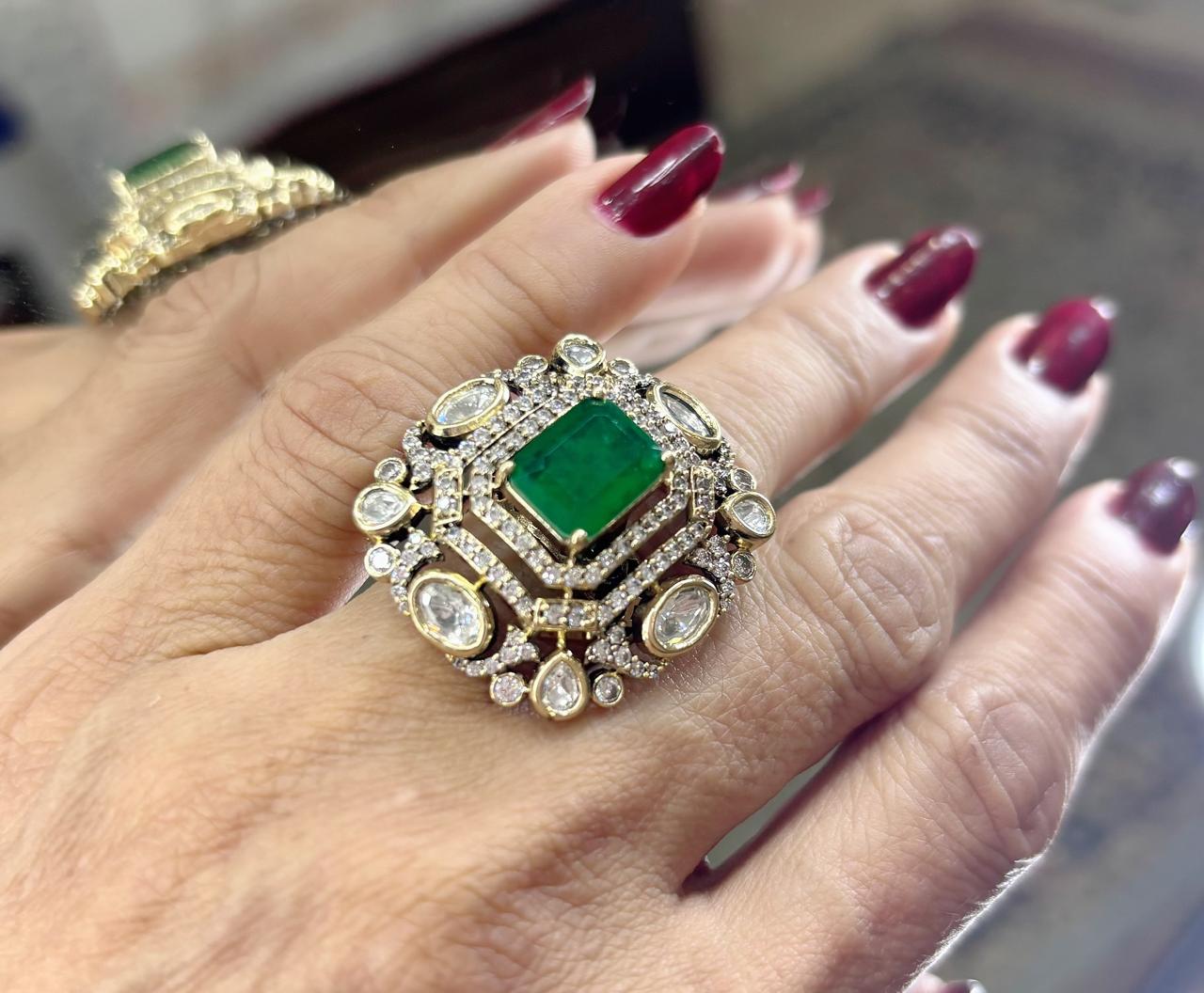 adjustable gold finger ring with Emerald , kundan and diamond