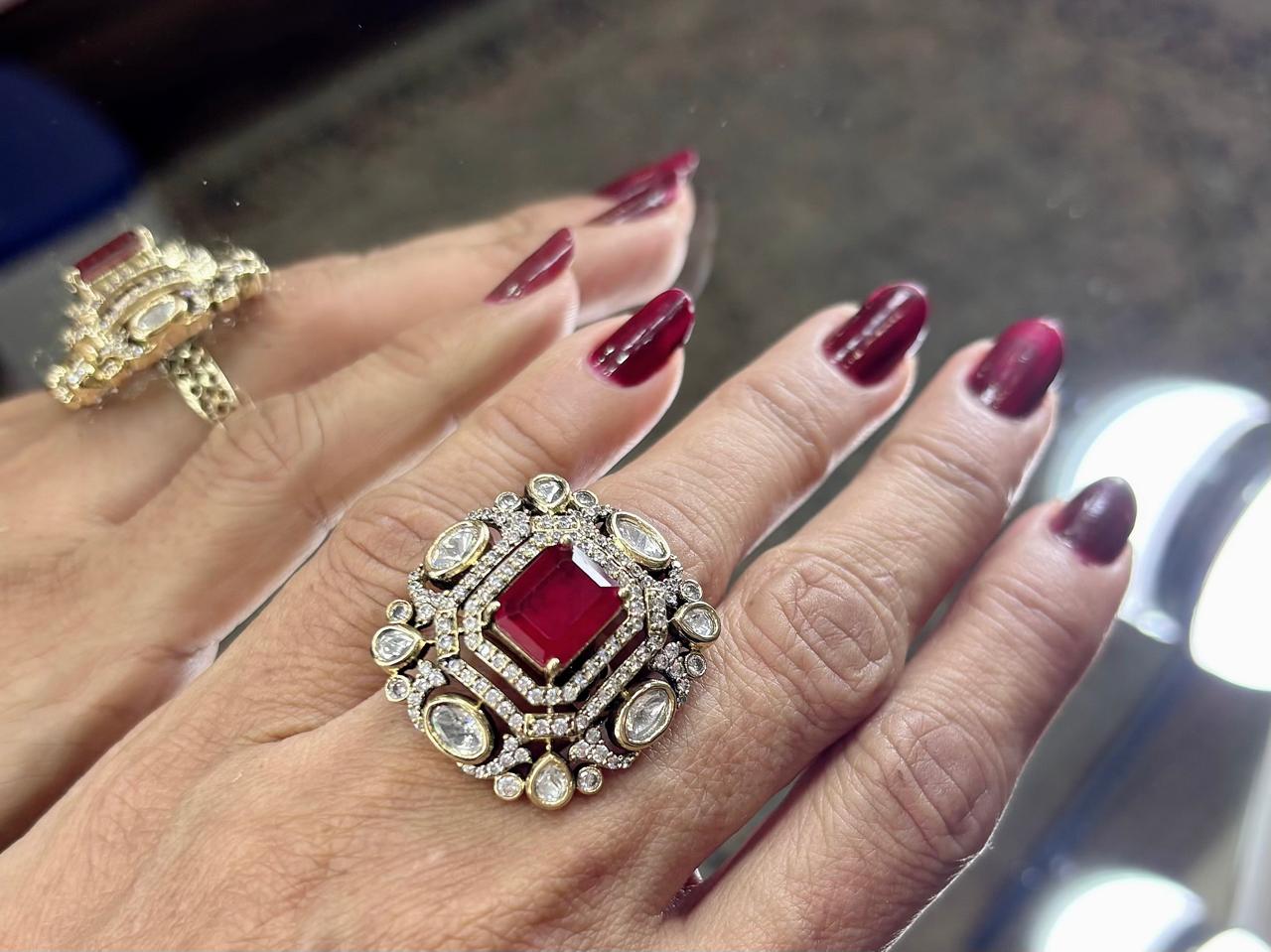 adjustable ruby kundan and diamonds finger ring
