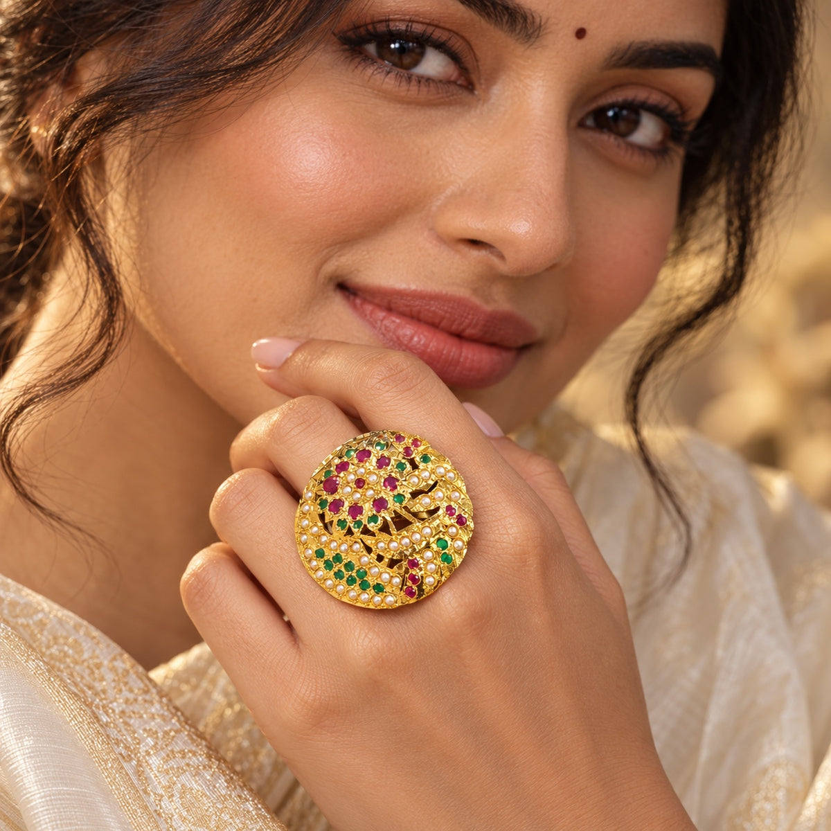 Close-up of a model wearing the Maahi multicolour Jadau floral statement ring with pink and green stones and pearl detailing