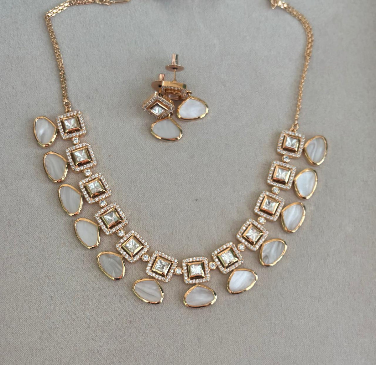 luxury mother of pearl diamond necklace set with elegant earrings