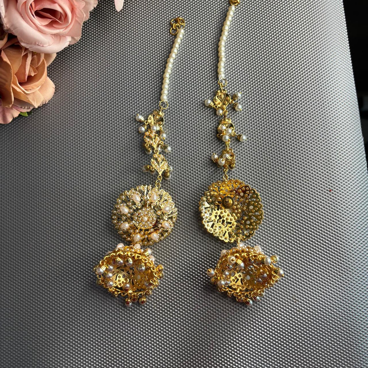 Back view of Jadau Kannauti pearl jhumka earrings showing detailed construction