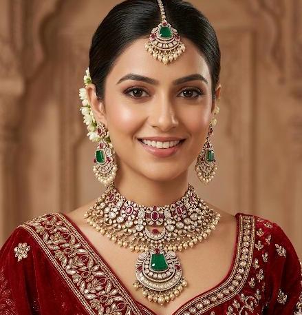 Royal Bridal kundan polki moissanite set with rubies and emerald