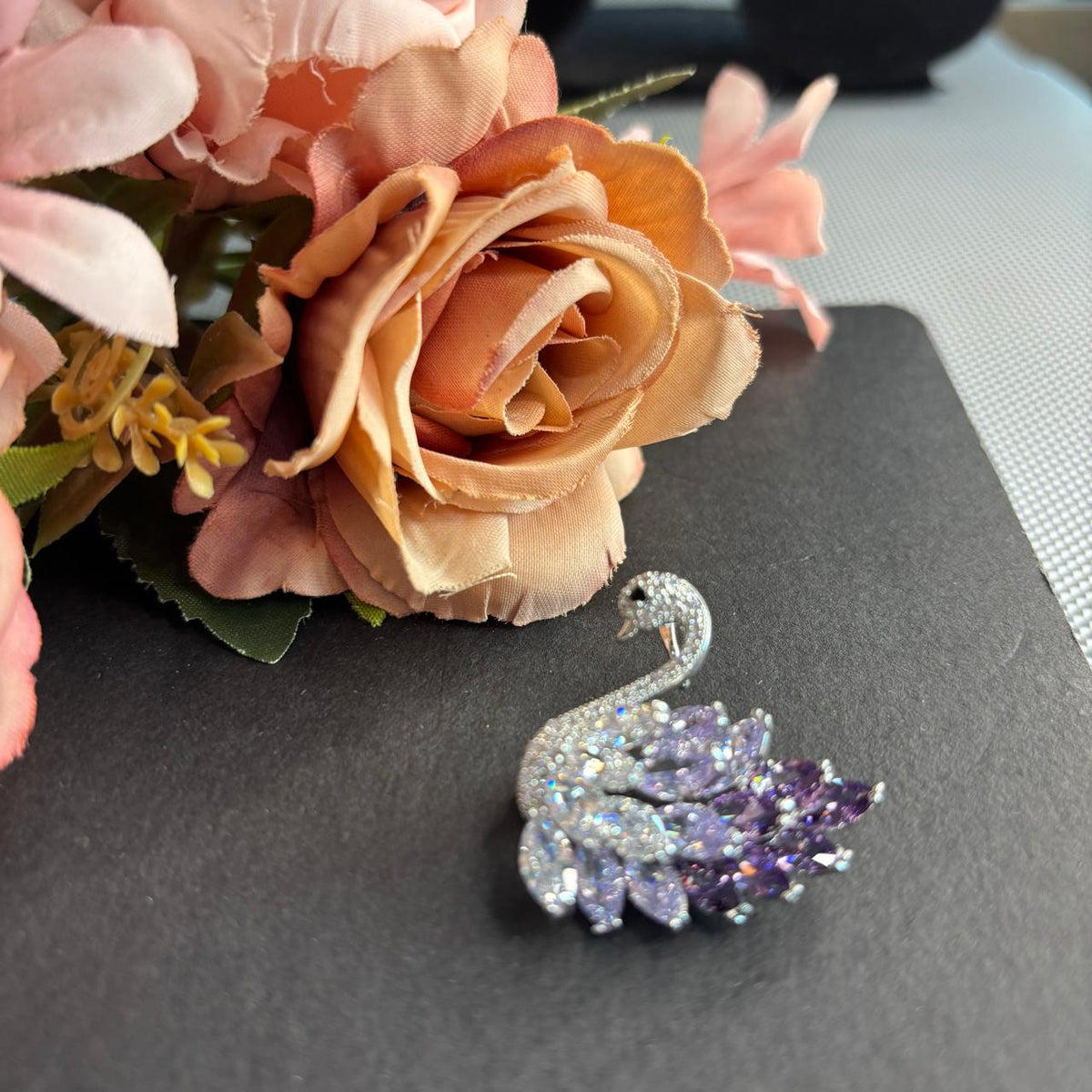 Aurelia Purple Swan Brooch Pin with CZ Diamonds