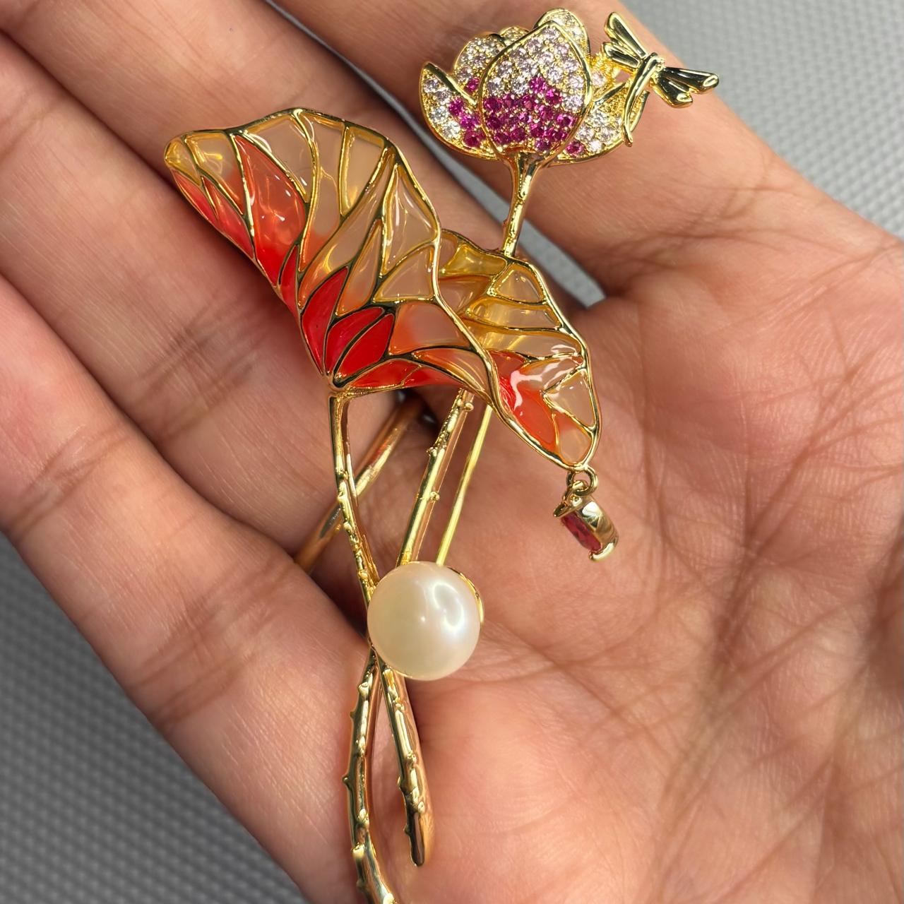 Red enamel tulip flower brooch with pearl and cubic zirconia in gold finish by Bebaak Jewels