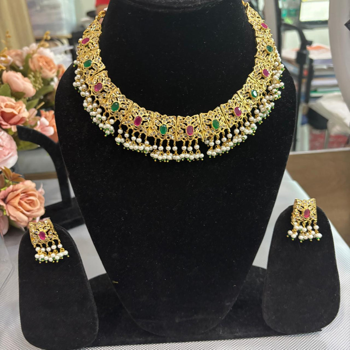22 k gold plated jadau necklace set with emerald & ruby and stud earrings