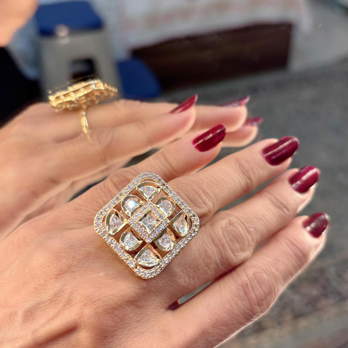 adjustable uncut polki moissanite and diamond ring in gold plating