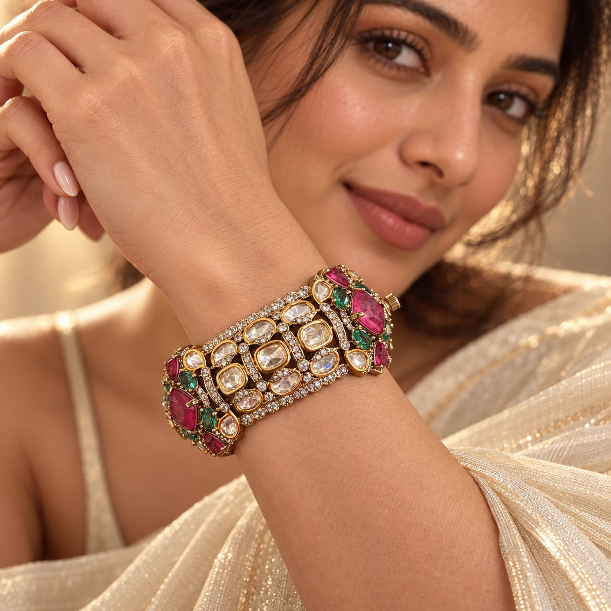 Close-up of a model wearing the Zevar Polki moissanite-style openable kada with pink and green stones