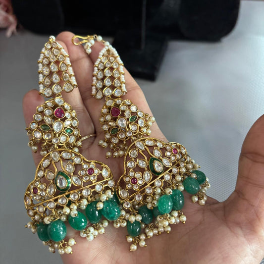 Hand held polki kundan kannauti earrings with emerald drops